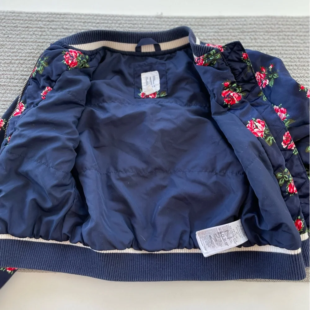 GAP Kids Navy Blue Rose Floral Silky Bomber Jacket Size XS (4-5)